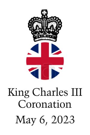 Rey Carlos III corona de coronación, ilustración dibujada a mano. King Charles Third Coronation in Buckingham Palace, Londres, Reino Unido, 6 de mayo de 2023. Tatuaje, tarjetas de felicitación recuerdos.