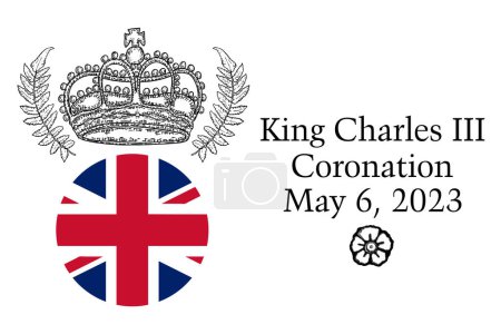 Illustration for King Charles III coronation crown, hand drawn illustration. King Charles Third Coronation in Buckingham Palace, London, United Kingdom at May 6, 2023. Tattoo, greeting card memorabilia. - Royalty Free Image