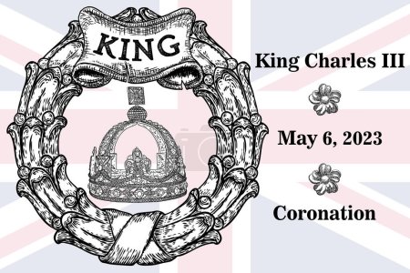 Téléchargez les illustrations : Roi Charles III Couronnement, Charles de Galles devient roi d'Angleterre à Londres, Royaume-Uni, le 6 mai 2023. Tatouage, souvenirs de cartes de vœux. - en licence libre de droit