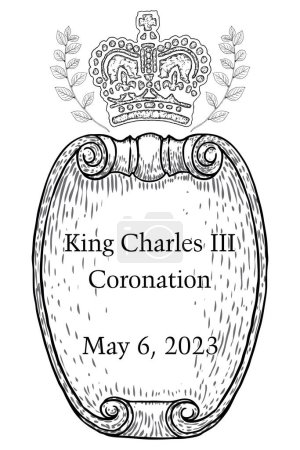 Illustration for King Charles III coronation crown, hand drawn illustration. King Charles Third Coronation in Buckingham Palace, London, United Kingdom at May 6, 2023. Tattoo, greeting card memorabilia. - Royalty Free Image