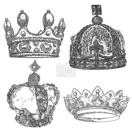 Illustration for Set of King or Queen crowns.  Monarch coronations with Coronets Jewel represent United Kingdom constitutional responsible government and sovereignty or authority of the monarch. State Crowns. - Royalty Free Image