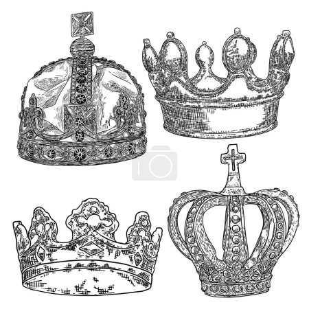 Illustration for State Crown set, made of gold and precious stones such as diamonds sapphires emeralds and pearls and rubies. Imperial State Crowns used during the Coronation service and declaration of the King. - Royalty Free Image
