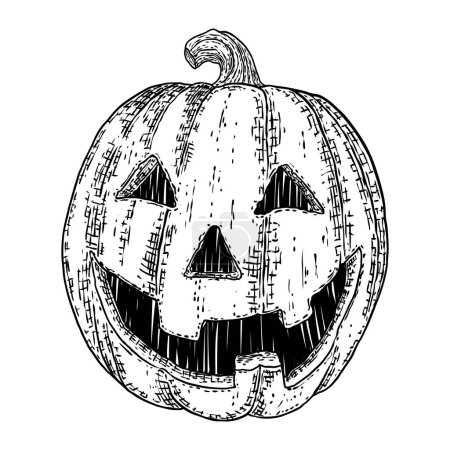Illustration for Traditional Halloween pumpkin drawing. Pumpkin carved face, smile and scary eyes for candles and party night. Jack o lantern glows in the dark on Halloween night. Creepy autumn holiday decor. Vector. - Royalty Free Image