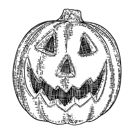 Illustration for Halloween pumpkin with scary face. Celebrating Jack O Lantern pumpkin. Jack O Lantern face glows on Halloween night. Traditional Halloween symbol. Hand drawing sketch. Vector. - Royalty Free Image
