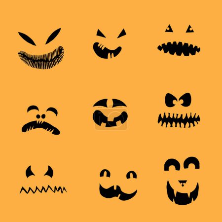 Illustration for Monsters and creatures carving templates emotion faces for Halloween Holidays. Cartoon faces, expressive eyes and mouth, smiling, crying face expressions. Caricature doodle. Isolated Vector. - Royalty Free Image