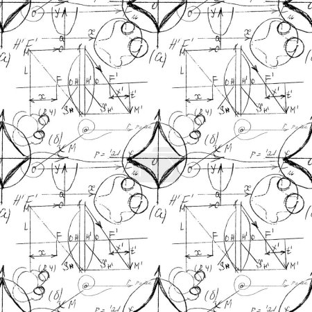 Illustration for Math and Geometry seamless pattern with handwriting and drawing of various graph solutions. Geometry and mathematics subjects graphics. College lectures. Vector. - Royalty Free Image