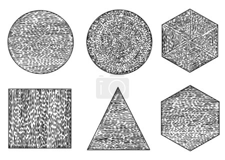 Illustration for Set of doodle Geometric shapes irregular linear hatching textures lines drawn with calligraphy pen or pencil ink in a circle, Squiggle abstract line scribble. Circle, triangle, square, rhombus. Vector - Royalty Free Image
