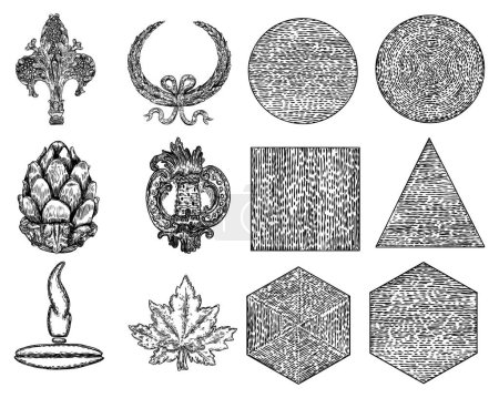 Set of vintage style floral circular cast stone and ornate ceilings design elements. Low poly geometry shape star crystals for Christmas and other decorative drawings. Vector.