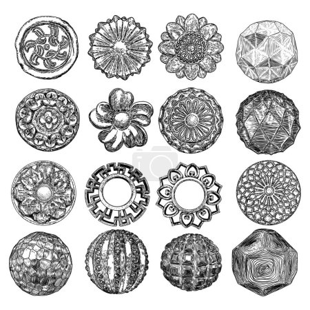 Illustration for Set of vintage style floral circular cast stone design elements. Marble rosettes drawing for fashionable pattern in black white for textile, scarves, backgrounds. Vector. - Royalty Free Image