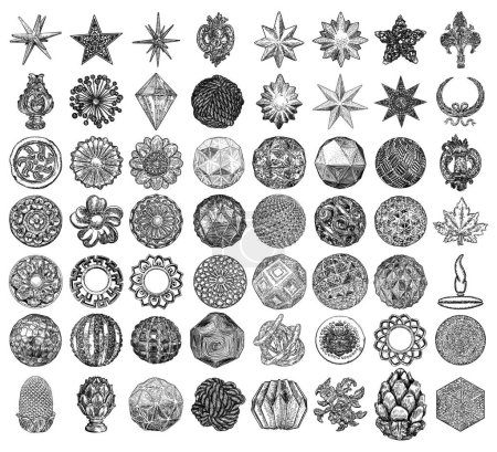 Set von Vintage-Stil floralen kreisförmigen gegossenen Stein und kunstvolle Decken Designelemente. Poly-arme Geometrie formt Sternkristalle für Weihnachten und andere dekorative Zeichnungen. Vektor.
