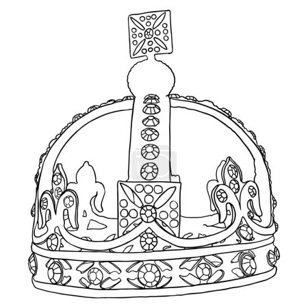 Coronation crown for king or queen. Symbolic religious ceremony while sovereign is crowned to monarch's head with crown. Monarch is the head of the Church of England with title and powers.