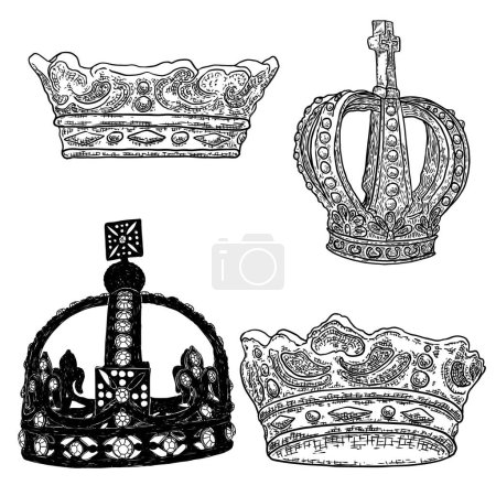 Set of highly detailed etching drawing of crowns with jewels. King coronation coronets. Hand drawn vector illustration.