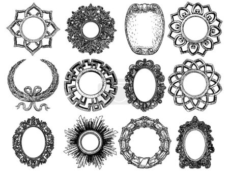 Illustration for Set of circular round and oval floral mandala frames, vintage decorative Baroque ornament elements. Stone carving marble stone frames. Vector. - Royalty Free Image