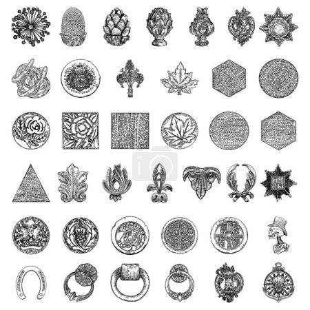 Illustration for Set of various architect detailed elements. Brass or stone pineapple finial hand drawing. Detailed design drawings and round tiles. Line work backgrounds.  Vector. - Royalty Free Image