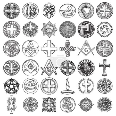 Large set of hand drawn religious symbols . Jesus Christ cross medallion, stone carving. Son of God crucifixion cross. Christian crown, sacred heart, IHS Ancient monogram, holy spirit. Vector.