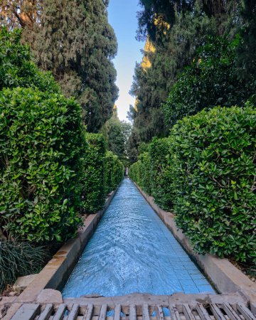 Foto de Jardín Botánico Shiraz en Narenjestan Qavam, camino de agua sobre el árbol verde en el jardín botánico en shiraz, Irán. - Imagen libre de derechos