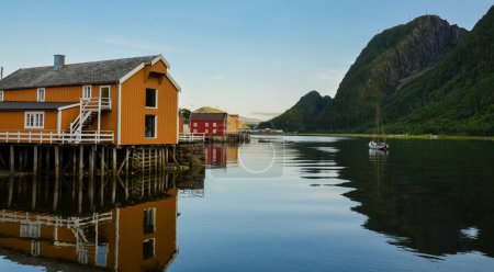 Colourful picturesque wooden houses in Sjogata, Mosjoen, Nordlan, Northern Norway