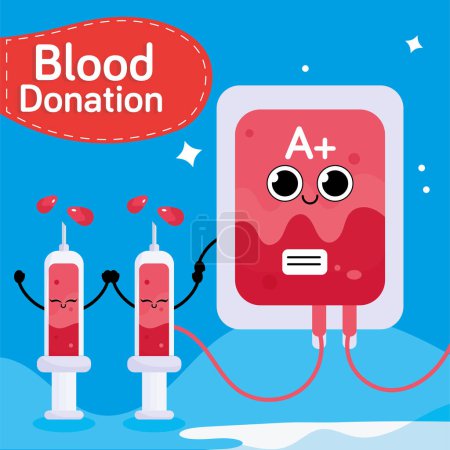 Happy blood bag character with syringes Blood donation concept Vector illustration