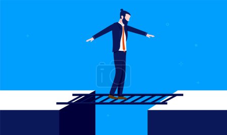 Illustration for Businessman bridging the gap - Man walking and balancing on ladder over dangerous cliff. Business challenge and risk concept. Vector illustration. - Royalty Free Image