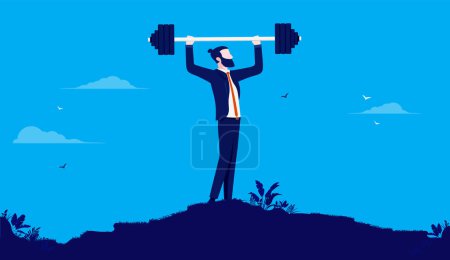 Starker Geschäftsmann hält sich fit - Mann stemmt Gewicht auf Berggipfel. Kraftvolles und männliches Konzept. Vektorillustration.