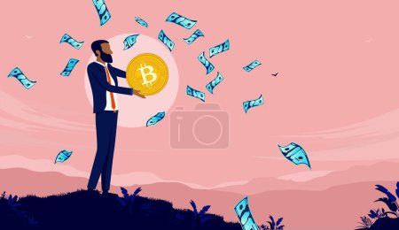 Illustration for African American man holding bitcoin and earning lots of money. Investing in crypto currency concept. Vector illustration. - Royalty Free Image