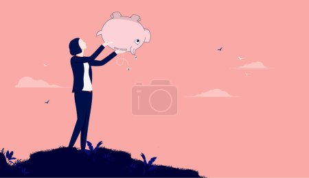Illustration for Poor businesswoman - Woman holding empty piggy bank, looking for money. Poverty, broke and economic crisis concept. Vector illustration. - Royalty Free Image