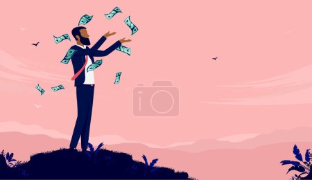 Illustration for African American man with money - Businessman standing on hilltop with lots of dollar bills. Rich and wealthy concept. Vector illustration. - Royalty Free Image