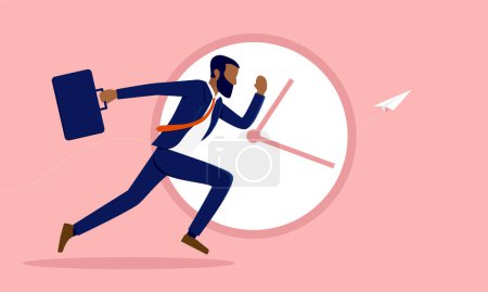 Hombre de negocios afroamericano corriendo delante del reloj - Fecha límite de negocios y concepto eficiente. Ilustración vectorial.
