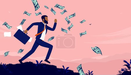 Illustration for African American businessman running with briefcase and money flying in air. Efficient and ambitious man concept. Vector illustration. - Royalty Free Image