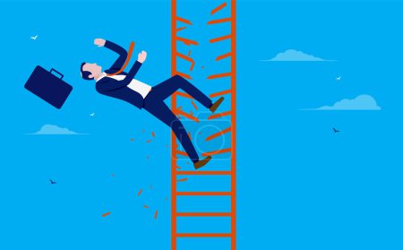 Illustration for Corporate ladder failure - Businessman falling of broken ladder. Failing business and career concept. Vector illustration. - Royalty Free Image