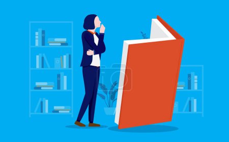 Businesswoman learning from book - Woman reading big book at home. Business training, courses and education concept. Vector illustration.
