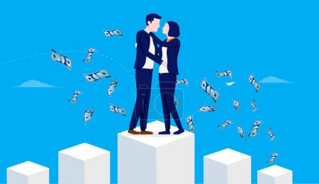 Illustration for Financial successful couple - Man and woman standing on top of graph with lots of money flying around. Economic wealth and rich concept. Vector illustration. - Royalty Free Image