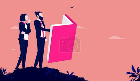 Illustration for Employee training - Businessman and woman reading book and learning together. Coursed and education concept. Vector illustration. - Royalty Free Image