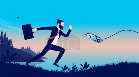 Illustration for Chasing money - Businessman running after dollar bill in thread outdoors. - Royalty Free Image