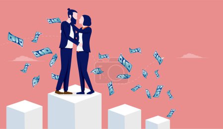 Illustration for Successful couple - Man and woman standing on graph with money falling from the sky. Financial wealth and rich concept. Vector illustration. - Royalty Free Image
