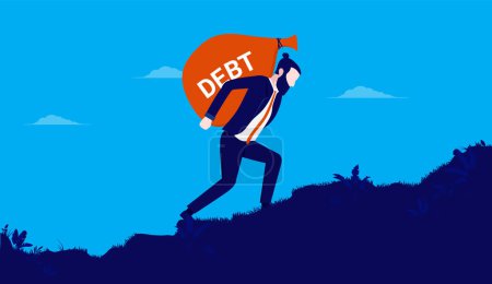 Illustration for Businessman in debt - Man walking up hill, lifting big bag of debt on his back. Financial trouble concept. Vector illustration. - Royalty Free Image