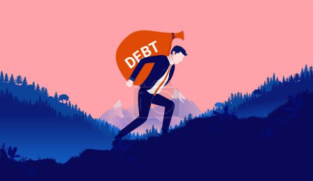 Illustration for Big debt - Man carrying the heavy weight of financial debt on his back up hill. Economic struggle and problems concept. Vector illustration. - Royalty Free Image