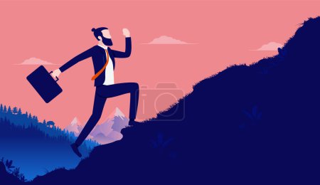 Illustration for Eager and motivated businessman running up hill with briefcase - Man working hard and making effort to reach top. Vector illustration. - Royalty Free Image