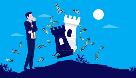 Illustration for Financial strategy - Businessman standing with chess towers thinking about business strategies while money flying around. Vector illustration. - Royalty Free Image