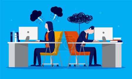 Insatisfaction professionnelle - Deux gens d'affaires se sentent négatifs et non motivés par le travail au bureau. Concept de problème de motivation. Illustration vectorielle.