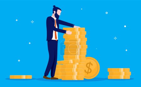 Illustration for Businessman and his money - Man standing with stack of coins, giving them love and compassion. Money obsession concept. Vector illustration. - Royalty Free Image