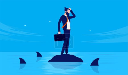 Illustration for Businessman in trouble - Male person standing alone on rock in ocean with dangerous sharks swimming around. Business adversity concept. Vector illustration. - Royalty Free Image