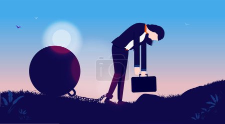 Illustration for Exhausted woman - Businesswoman with ball on chain, walking while being very tired and burned out. Fatigue and overworked concept. Vector illustration. - Royalty Free Image