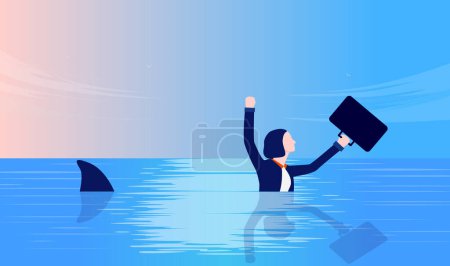 Illustration for Woman in danger - Businesswoman escaping shark in ocean, swimming in panic. Dangerous business and problems concept. Vector illustration. - Royalty Free Image