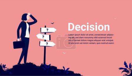 Toma de decisiones - Empresaria incierta y llena de dudas frente a la señal. Tomar decisiones y el camino a seguir. Ilustración vectorial.
