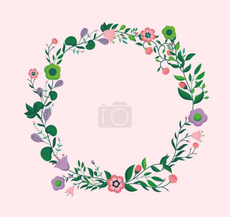 Téléchargez les illustrations : Illustration vectorielle de couronnes de fleurs - Belles fleurs dans un cadre ovale avec fond rose. - en licence libre de droit