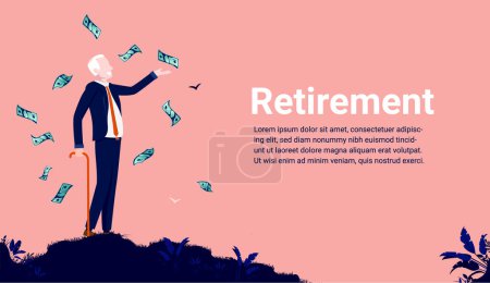 Rentengeld - Der alte Geschäftsmann, der mit herumfliegendem Bargeld von der Arbeit zurücktritt. Rentnerwirtschaftliches Konzept. Vektorillustration.