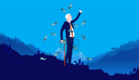 Retire rich - Happy senior man enjoying his pension money, smiling with thumbs up. Finance and retirement concept. Vector illustration.