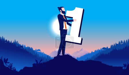 Businessman number one - Man holding number in hands outdoors in landscape. Best, first place and on top concept. Vector illustration.