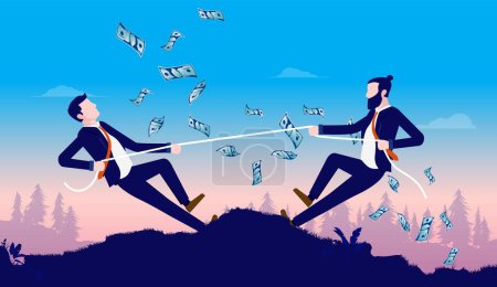 Illustration for Competing for money - Two businessmen having competition outdoors over revenue. Business Rivalry and competition concept. Vector illustration. - Royalty Free Image